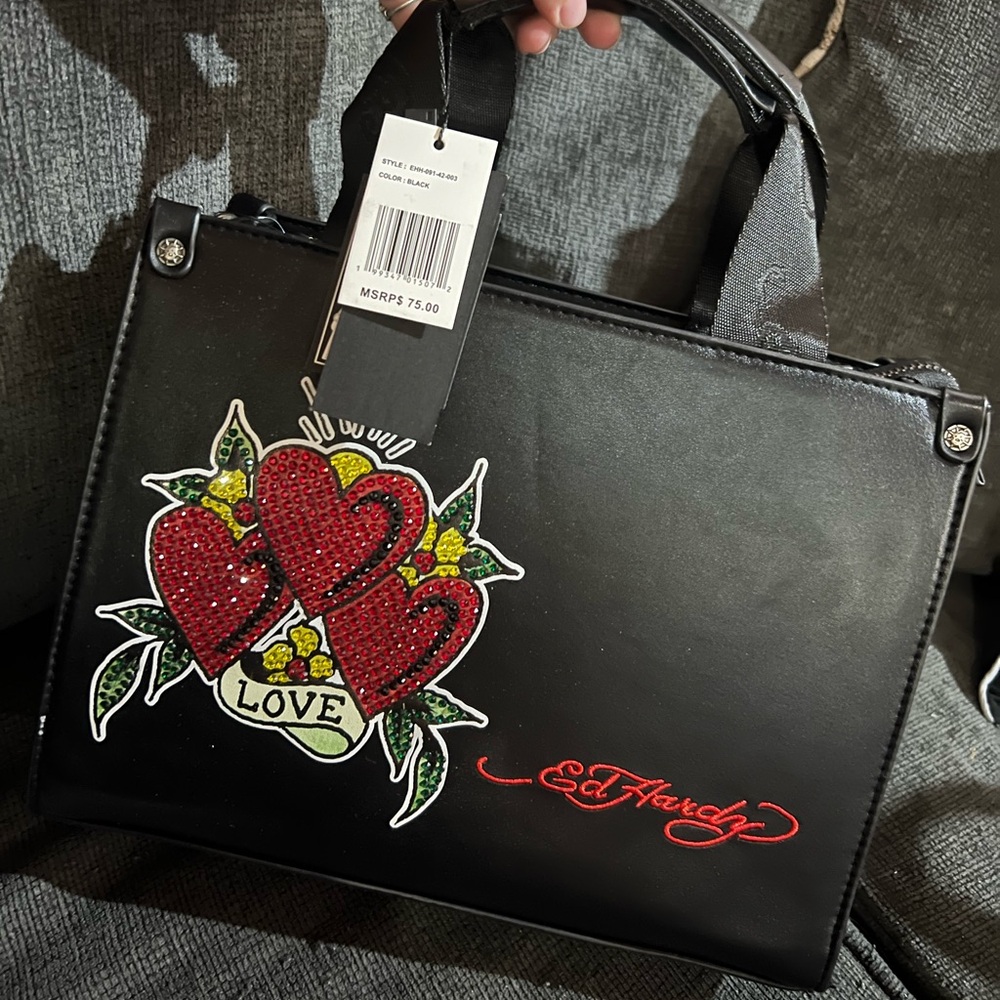 Ed Hardy Black Handbag with Red and Green Heart Design